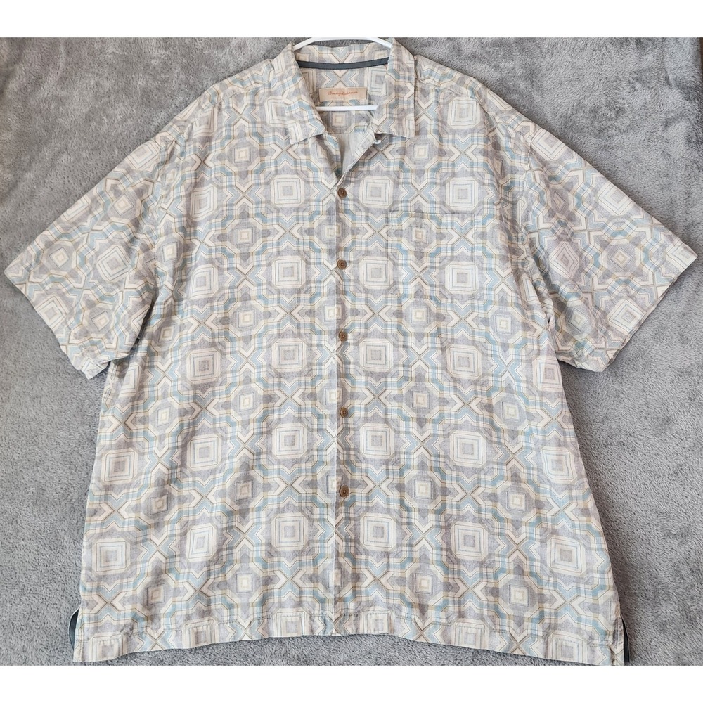 Tommy Bahama Shirt Mens XXL Blue Geometric Silk Short Sleeve Button Down Camp